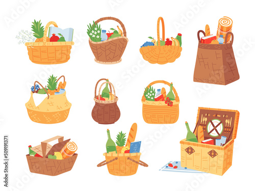 Picnic food basket. Fruits and water for romantic date or friends party on nature. Cartoon wicker hampers collection, wood summer camp box classy vector set