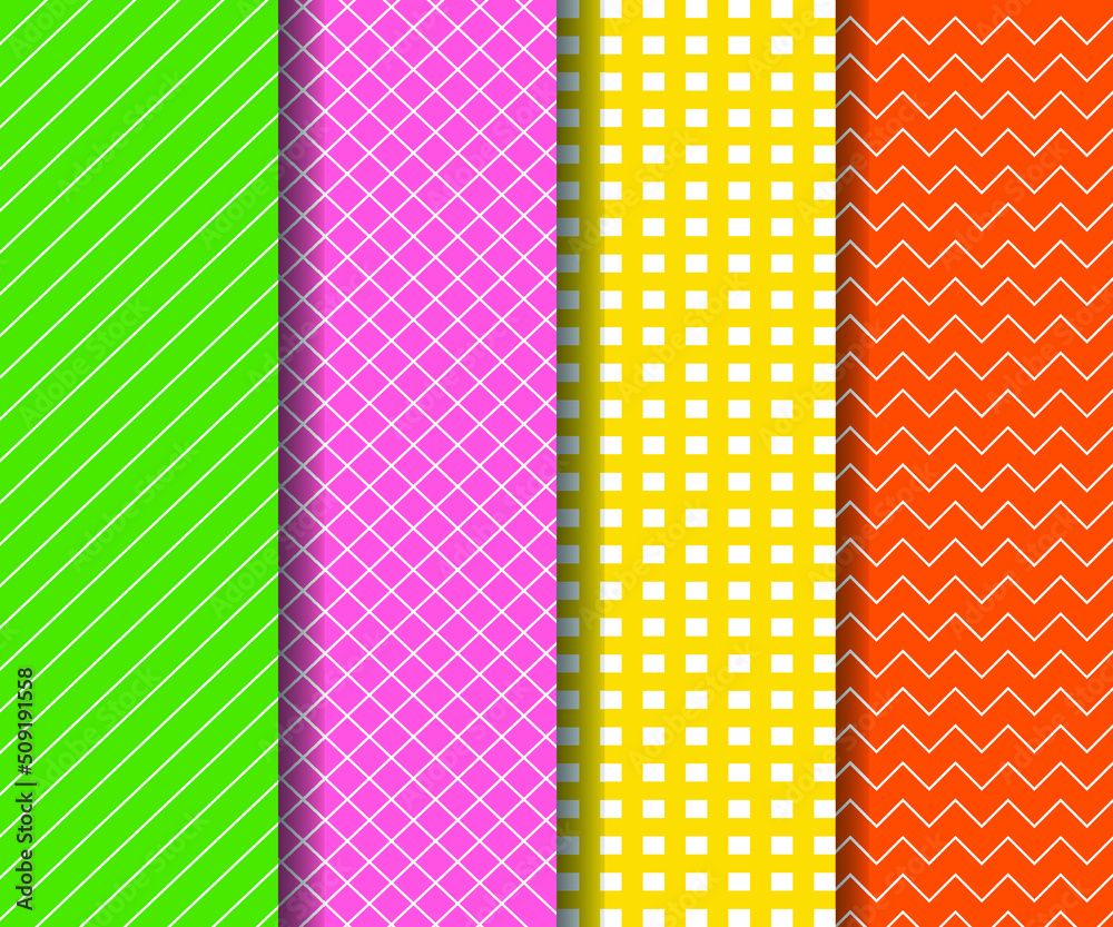 Set of colored seamless geometric decorative patterns, textile striped textures, Bright vector backgrounds