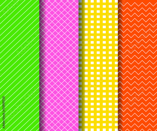 Set of colored seamless geometric decorative patterns, textile striped textures, Bright vector backgrounds