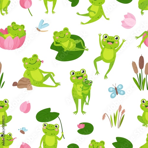 Cartoon green frogs seamless pattern. Frog and lotus, toad in pond eating, relaxing. Water lily and reeds, childish forest animal vector background