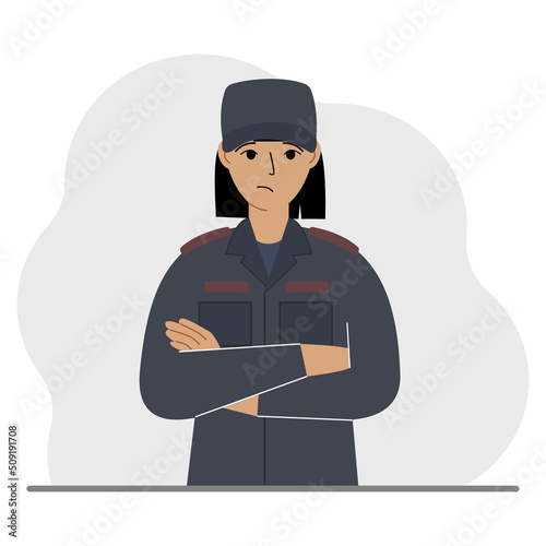 Police woman. Profession policeman, security guard, patrolman in uniform.
