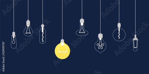 Idea bulb banner. Innovations thinking, creative science or business think. Different light bulbs hang on rope. Inspiration concept, recent vector background