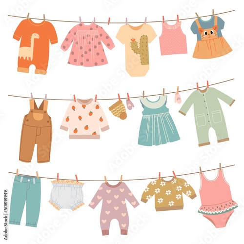 Clothes on ropes. Baby dress, infant cloth hang on rope. Cute children clothing after washing on clothesline, isolated pajamas, laundry apparel classy vector set