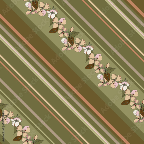 Vector seamless floral pattern with vertical stripes on a green background. Border pattern of pink flowers of apple tree with leaves. Design for coloring fabric for pastel textile. photo
