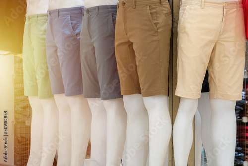 Collection of mannequins wearing shorts at the shop.fashion design concept.