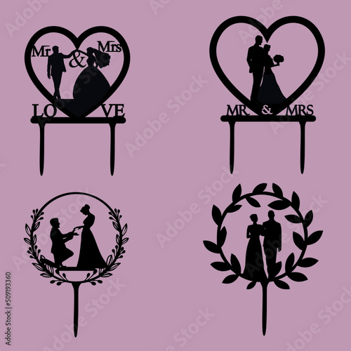 Silhouettes topper of wedding, bride, marriage, heart, flower bow.