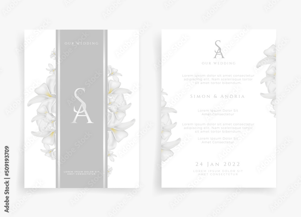 White wedding card or invitation card in white flower  theme front side and back side
