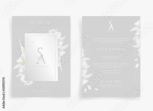 White wedding card or invitation card in white flower theme front side and back side