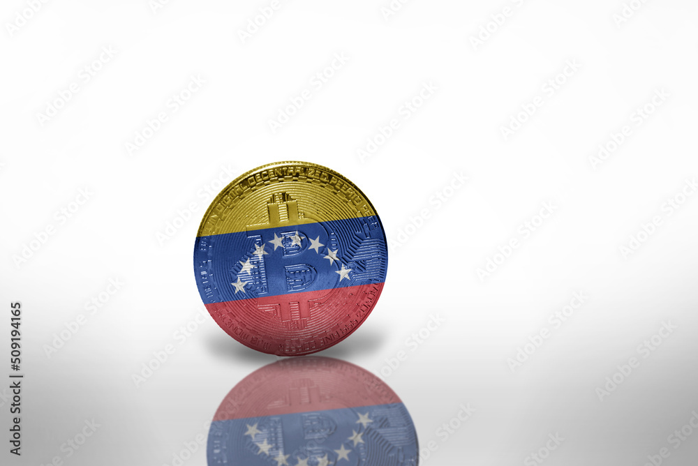 Naklejka premium bitcoin with the national flag of venezuela on the white background. bitcoin mining concept.