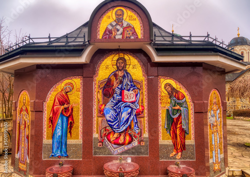 Religious mosaic decoration at Serbian monastery.