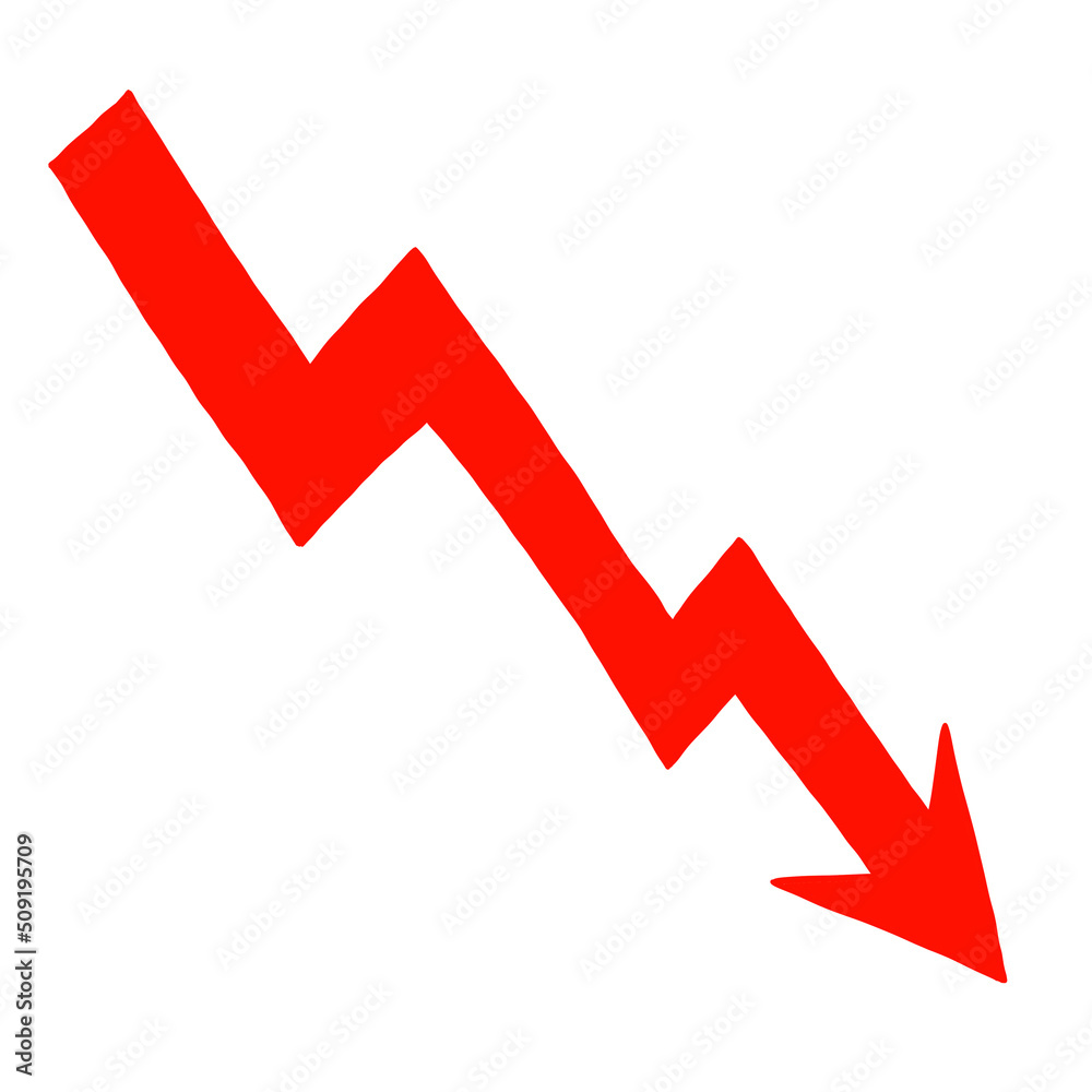 drawn decline red arrow isolated on background with clipping path. red decrease arrow for financial crisis, inflation, collapsing, negative stock concept. drawn decline red arrow isolated on background with clipping path. red decrease arrow for financial crisis, inflation, collapsing, negative stock concept.