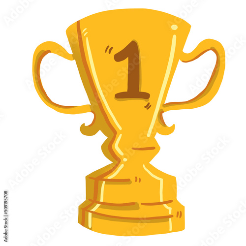 golden trophy graphic in cartoon hand drawn style isolated on background with clipping path. golden trophy cup with number one on it for Sport game, champion award.