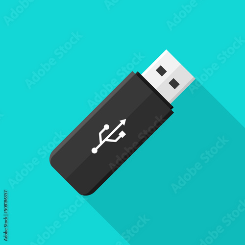 Usb drive. Flash memory stick. Flat icon of usb drive with memory card. Mockup for computer. Technology device with shadow for save and transfer data. Vector