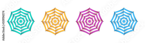 Umbrella for beach. Umbrella for sand beach, sun, summer and pool. Parasol top view. Sunshade for chair on sea. Colorful striped realistic parasols with shadow. Vector