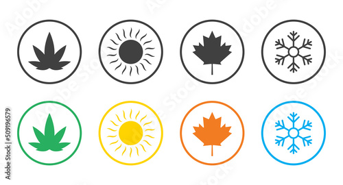 Four season icons. Spring, summer, winter and autumn seasons isolated on white background. Outline symbols of 4 year seasons. Flat icons for weather. Sun, leaf, snowflake and flower. Vector