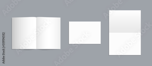 Blank brochure. Mockup of empty brochure with fold. White card, leaflet and booklet. Open flyer isolated on gray background. A3, a4 and a5 sheets document. Vector photo