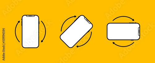 Smartphone rotate. Phone flip. Icons of rotate of mobile phones. Turn of device on 360. Screen of cellphone for app. Vertical or horizontal rotation and orientation. Vector