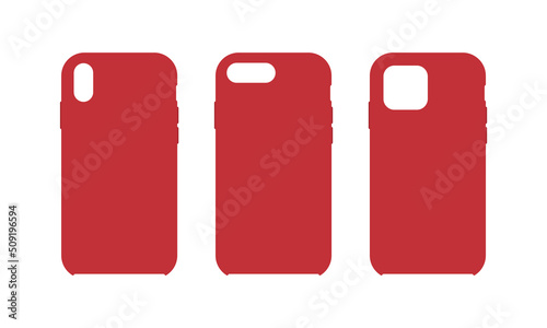 Red phone cover. Phone case. Mockup of silicone smartphone case. Mock up of cellphone hard cover. Different Mockups isolated on white background. Vector