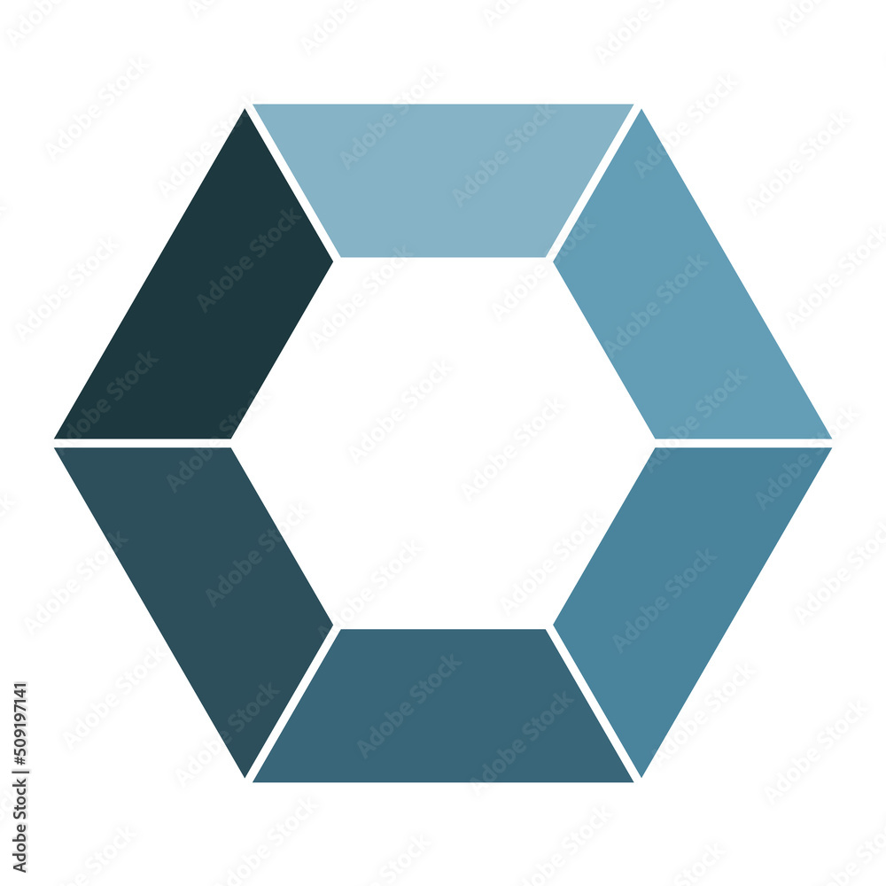 Hexagon infographic template icon. Graphic symbol layout, blue on white background. 6 separated steps diagram. Simple multicolored flat design. Hexagon infographic template icon. Graphic symbol layout, blue on white background. 6 separated steps diagram. Simple multicolored flat design.