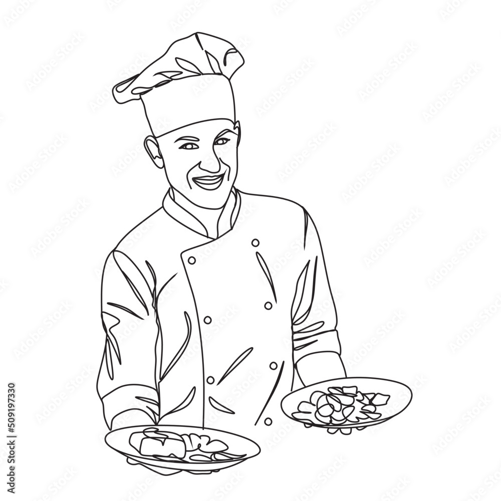 Chef Vector art drawing.Line art.Chef Hat Clipart, Fast Food, Steak.Download Happy Chef Vector Icon.Handdrawn chef logo mascot delicious . Chef Vector art drawing.Line art.Chef Hat Clipart, Fast Food, Steak.Download Happy Chef Vector Icon.Handdrawn chef logo mascot delicious .