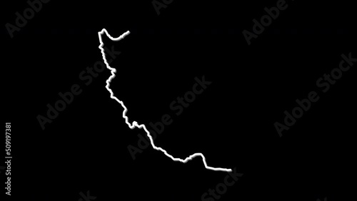 Iran map, country territory outline self drawing animation. Line art. Black background.