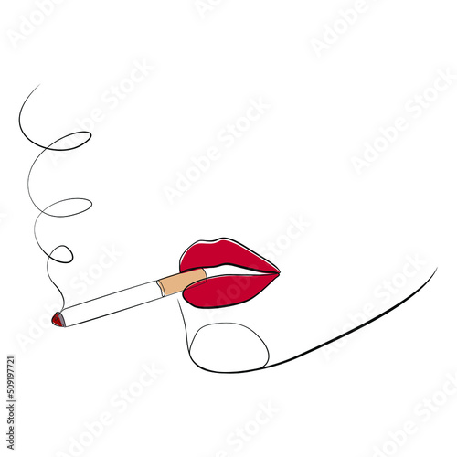 Woman with a cigarette in her mouth one line drawing on white isolated background 