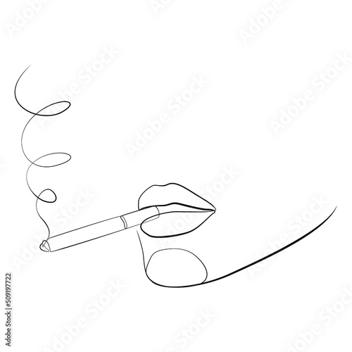 Woman with a cigarette in her mouth one line drawing on white isolated background