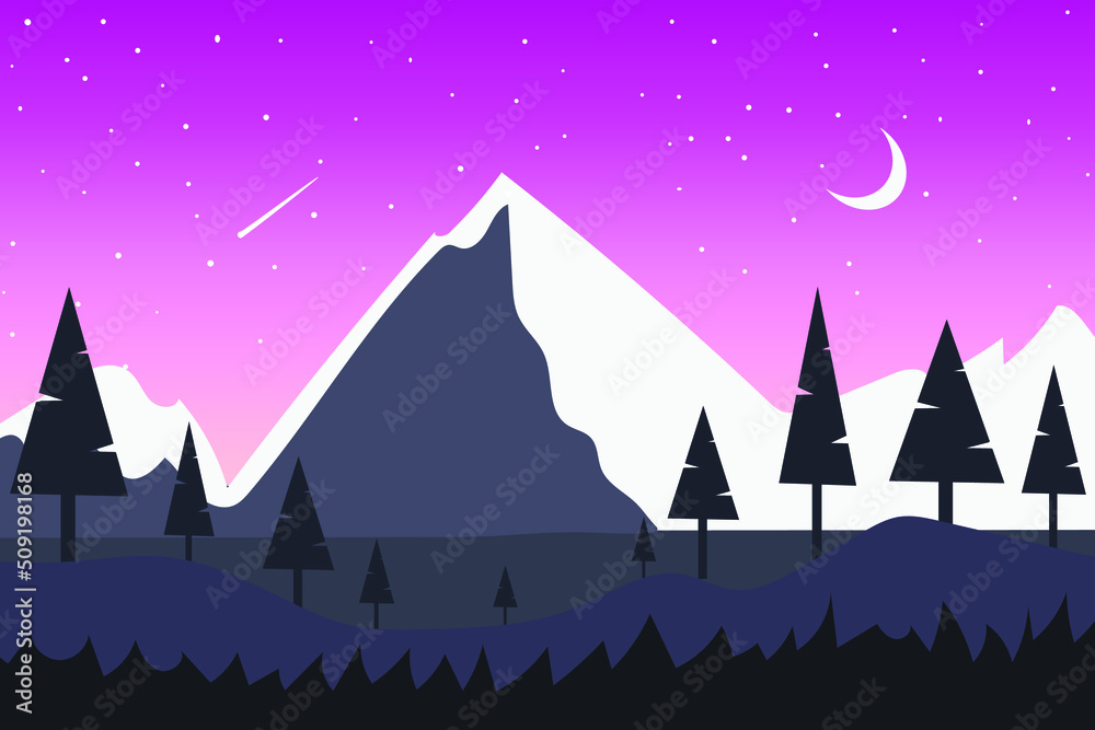Mountain view with snow white hills and dark purple hills under pink cloudy sky. White moon background with bright shooting stars with parallax view of snow white hills, cartoon vector illustration. 