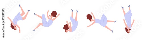 Woman falling in dream. Depression girl fall down nightmare violence pain, beautiful female floating space dreams, oppression goddess fatigue syndrome, splendid vector illustration