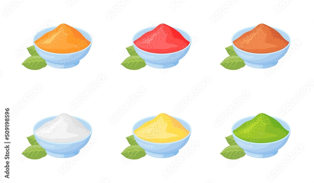 Cartoon indian powders. Powder spices in bowl, seasoning powdered herb curry turmeric cocoa sweetener paprika green pepper salt spice mustard cardamom, isolated vector illustration Cartoon indian powders. Powder spices in bowl, seasoning powdered herb curry turmeric cocoa sweetener paprika green pepper salt spice mustard cardamom, isolated vector illustration