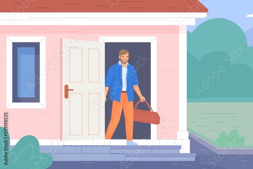 Man leaving house. Father go to work, professional businessman entrance from cottage home, male character bag briefcase through open door residencial building, vector illustration