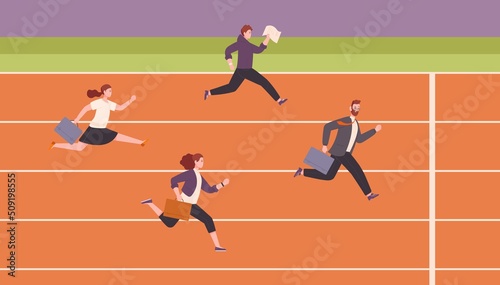 Race running businessmen. Urgency business competition, office worker on rubber line track, corporate sport gaming of executives, fleeing work