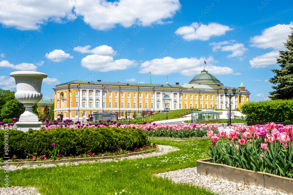 View of the Senate Palace and park in the Moscow Kremlin in spring, Russia. Administration of the President of Russia