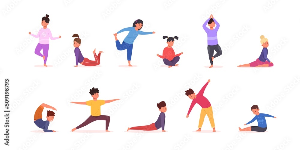 Children pilates. Kids yoga posture, child gymnastics pose sport stretching exercise for enfants, youth healthy lifestyle gym bend gymnastic, set cartoon garish vector illustration