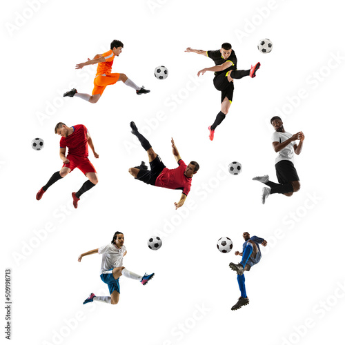 Collage of different professional sportsmen, fit people in action and motion isolated on white background. Concept of sport, achievements, competition, championship. © master1305