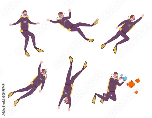 Divers scuba character. Isolated diver in flippers snorkel aqualung, sport diving swim underwater deep sea ocean, marine adventure man snorkeller, set splendid vector illustration