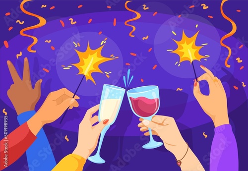 Hands cheering toast. Women club drink party, cheer glass champagne wine, friend gathering celebrate birthday or christmas work banquet