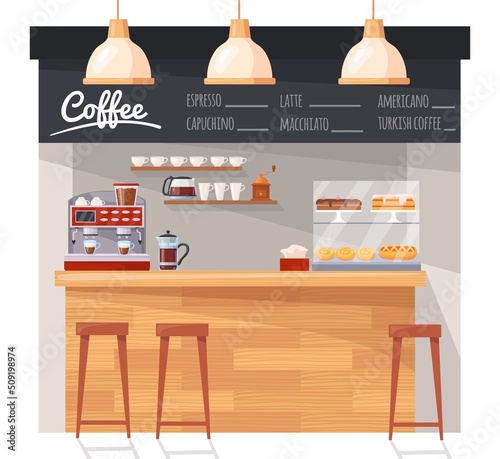 Wooden coffee counter. Empty cafeteria interior, coffe bar shop of tea mug cacao drink or bakery deserts, espresso machine on table inside cafe restaurant, neat vector illustration