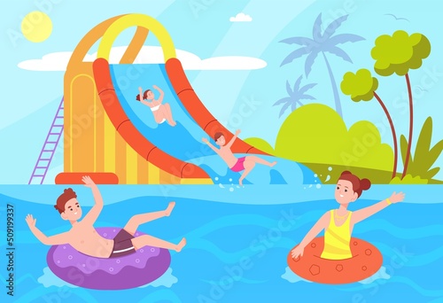 Kids ride waterslide. Boy girl sliding on aquapark tube inflatable slide or boat, extreme water rides child play pool splash children fun recreation