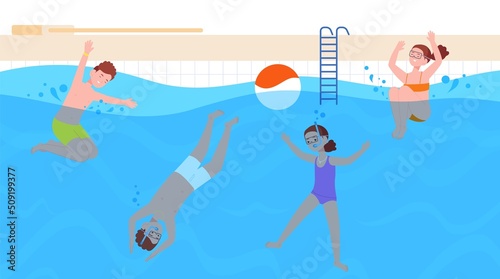 Kids swimming pool. Happy children in water goggles floating pool, cartoon youth swimmers lesson dive and swim splashing, baby play summer fun party, splendid vector illustration