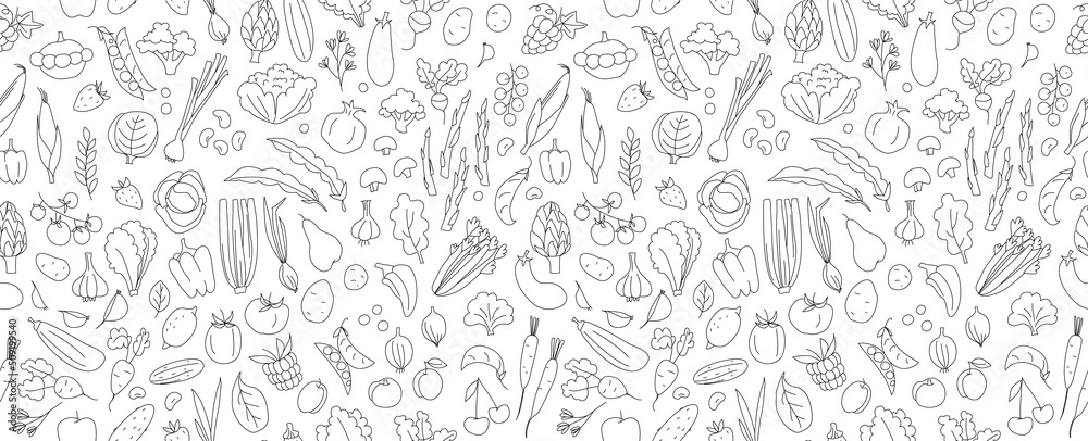 Seamless background pattern of organic farm fresh fruits and vegetables