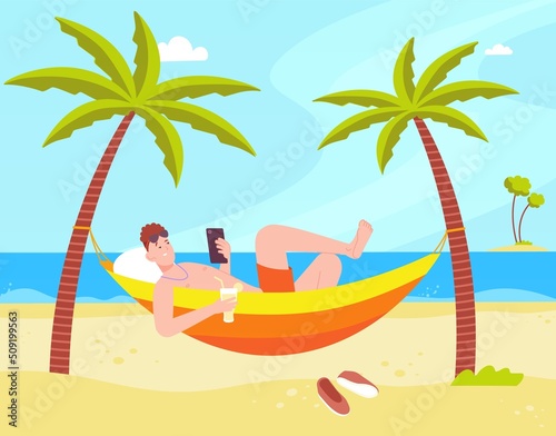 Relax in beach hammock. Leisurely man lying under palm at sea ocean island, summer vacation thailand recreation bali rest holiday lounging life person, splendid vector illustration