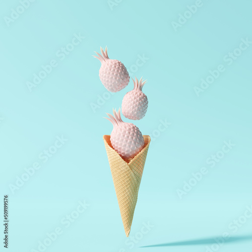 Creative idea summer concept. ice cream pineapple on pastel blue background. 3d rendering