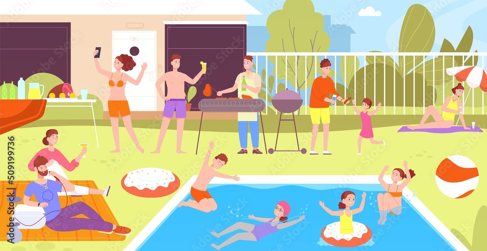 People in backyard pool. Home swimming poolside party, family enjoy summer holidays activity, garden barbecue picnic yard camping kid day time leisure, splendid vector illustration