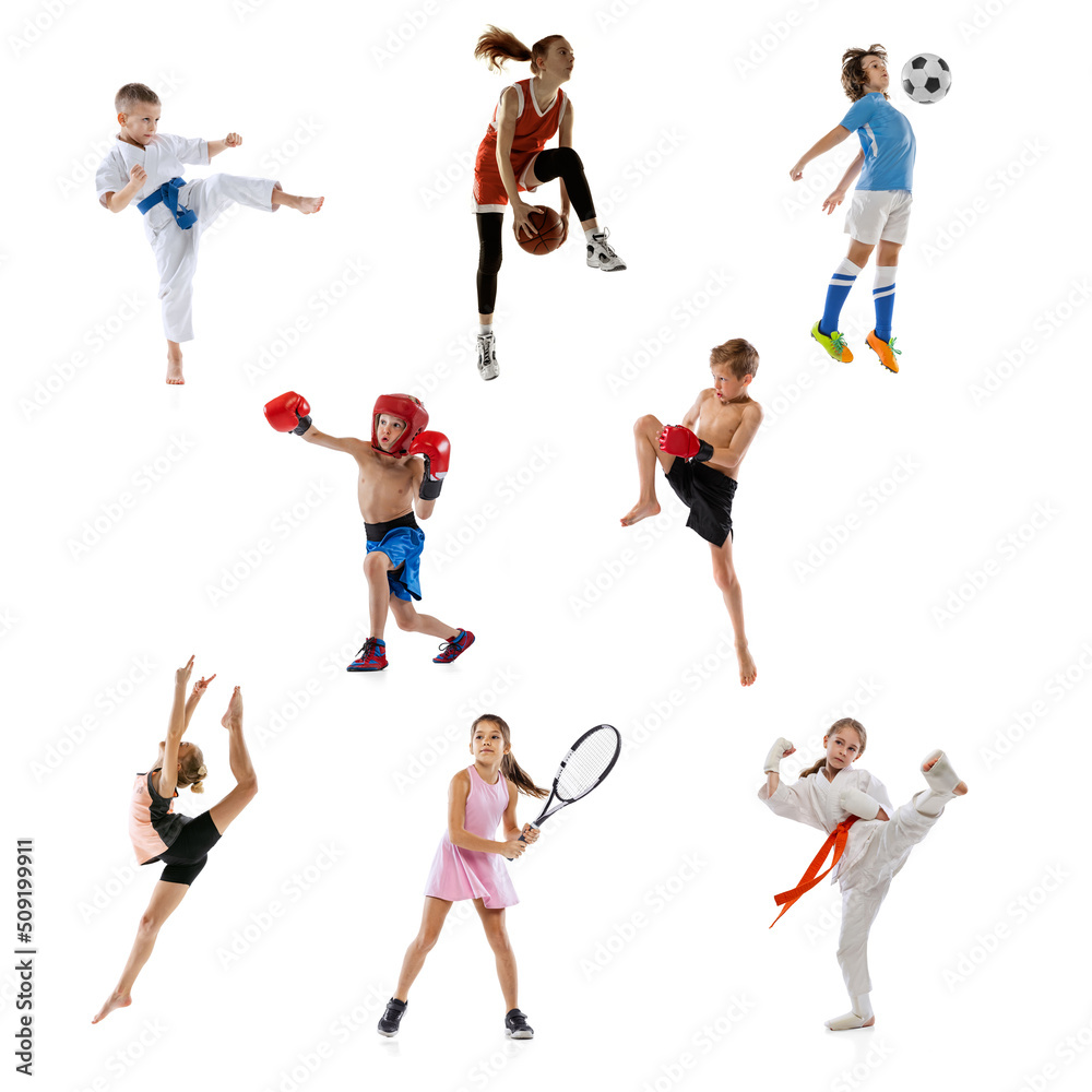 Collage of little sportsmen, fit boys and girls in action and motion isolated on white background. Concept of sport, achievements, competition, championship.