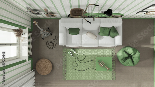 Scandinavian living room in white and green tones, striped wallpaper, sofa, bicycle and musical instruments hanging on the wall, concrete tiles.Top view, plan, above. Interior design