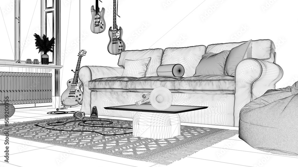 Blueprint project draft, cozy living room, striped wallpaper, sofa and