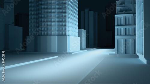 The dark city with a light spot. 3d rendering.