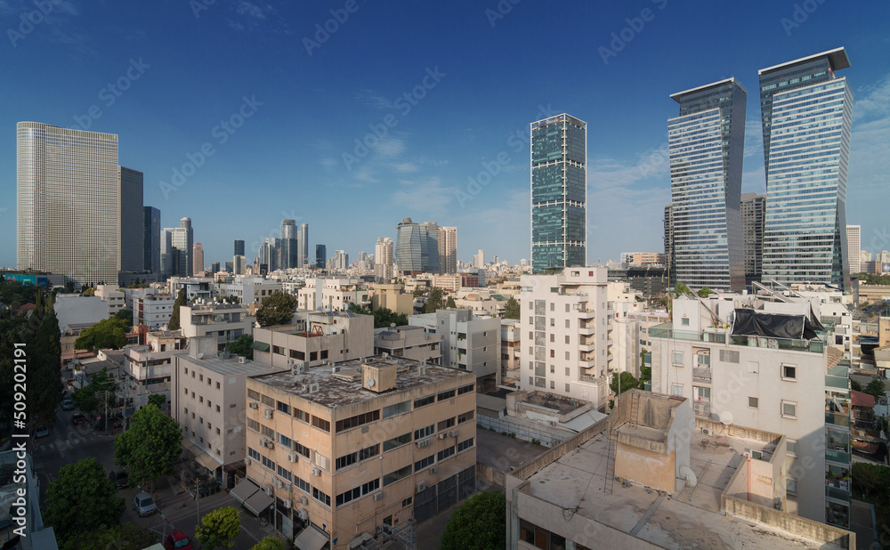 Tel Aviv and Ramat Gan day panorama: modern skyscrapers and living houses