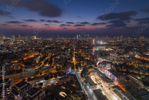 Night Tel Aviv from above. Areial sunset view
